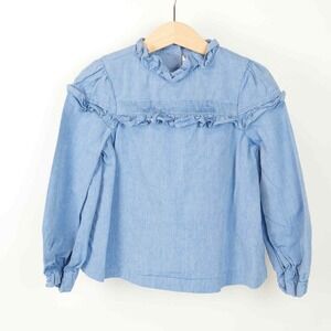 Janie and Jack Blouse Girls 5 Blue Ruffle Pintuck‎ Long Sleeve Top